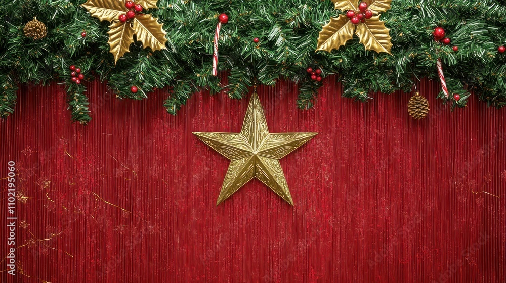A vibrant Christmas scene featuring a gold Christmas star hanging from a garland, adding elegance to the decor. A vibrant Christmas scene featuring a gold Christmas star hanging from a garland, adding elegance to the decor.