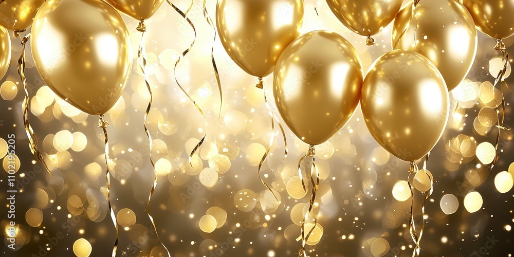 Bunch of gold balloons with ribbons hanging from them Bunch of gold balloons with ribbons hanging from them