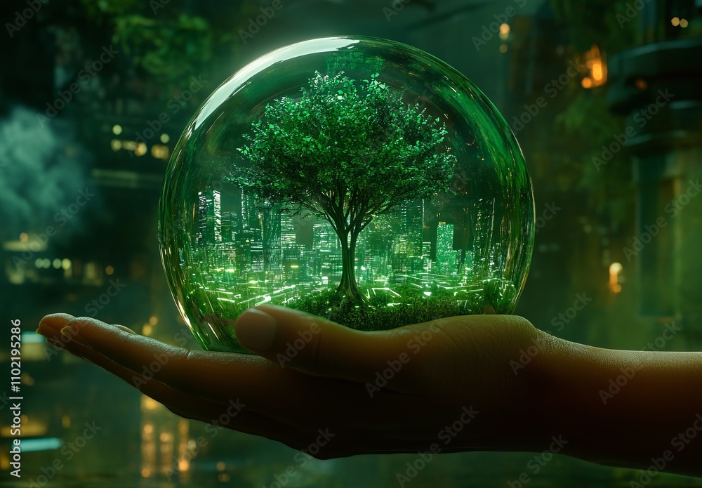 Hand Holding a Sustainable Energy Tree Inside a Glass Sphere, Showcasing Green Technology. AI generated illustration Hand Holding a Sustainable Energy Tree Inside a Glass Sphere, Showcasing Green Technology. AI generated illustration