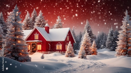A beautiful snowy Christmas scene featuring charming festive trees adorned with ornaments