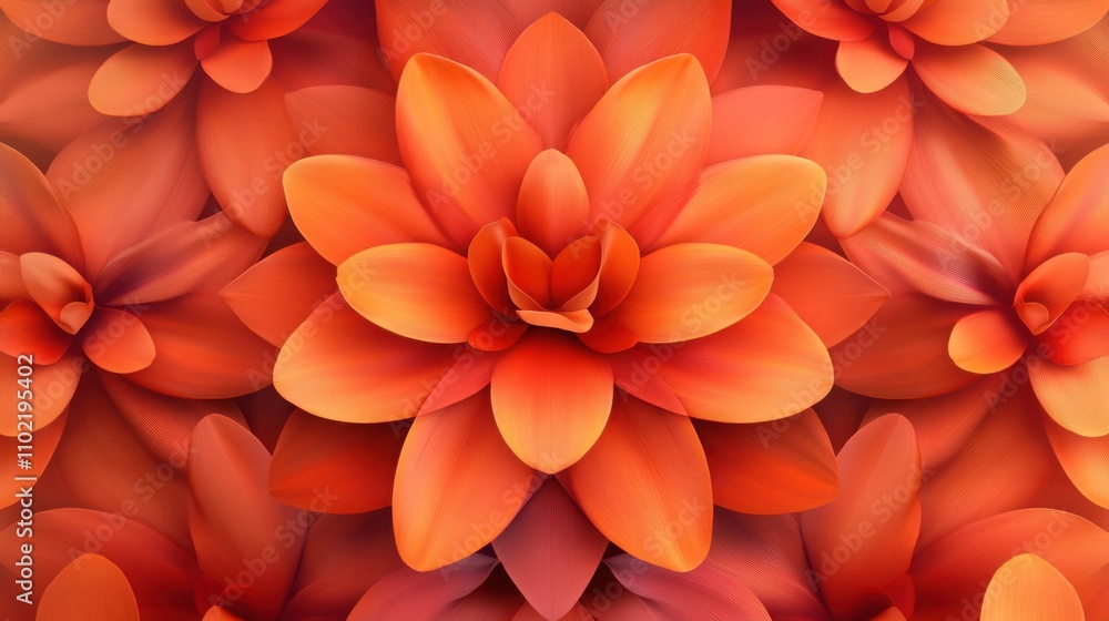 3D floral pattern with petals in warm orange and red hues, arranged symmetrically 3D floral pattern with petals in warm orange and red hues, arranged symmetrically