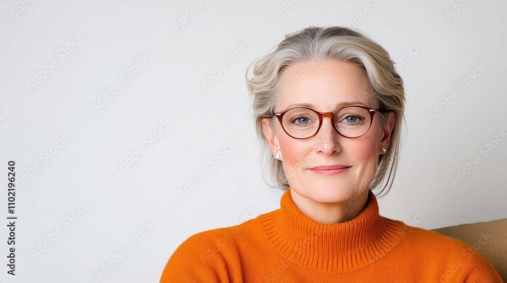 Smiling senior woman in cozy sweater enjoying serene moment at home with bright background Smiling senior woman in cozy sweater enjoying serene moment at home with bright background