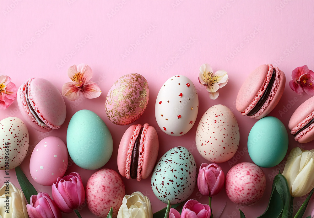 A stunning Easter-themed arrangement of pastel macarons and decorative speckled eggs, perfect for creating elegant greeting cards or festive spring graphics. A stunning Easter-themed arrangement of pastel macarons and decorative speckled eggs, perfect for creating elegant greeting cards or festive spring graphics.