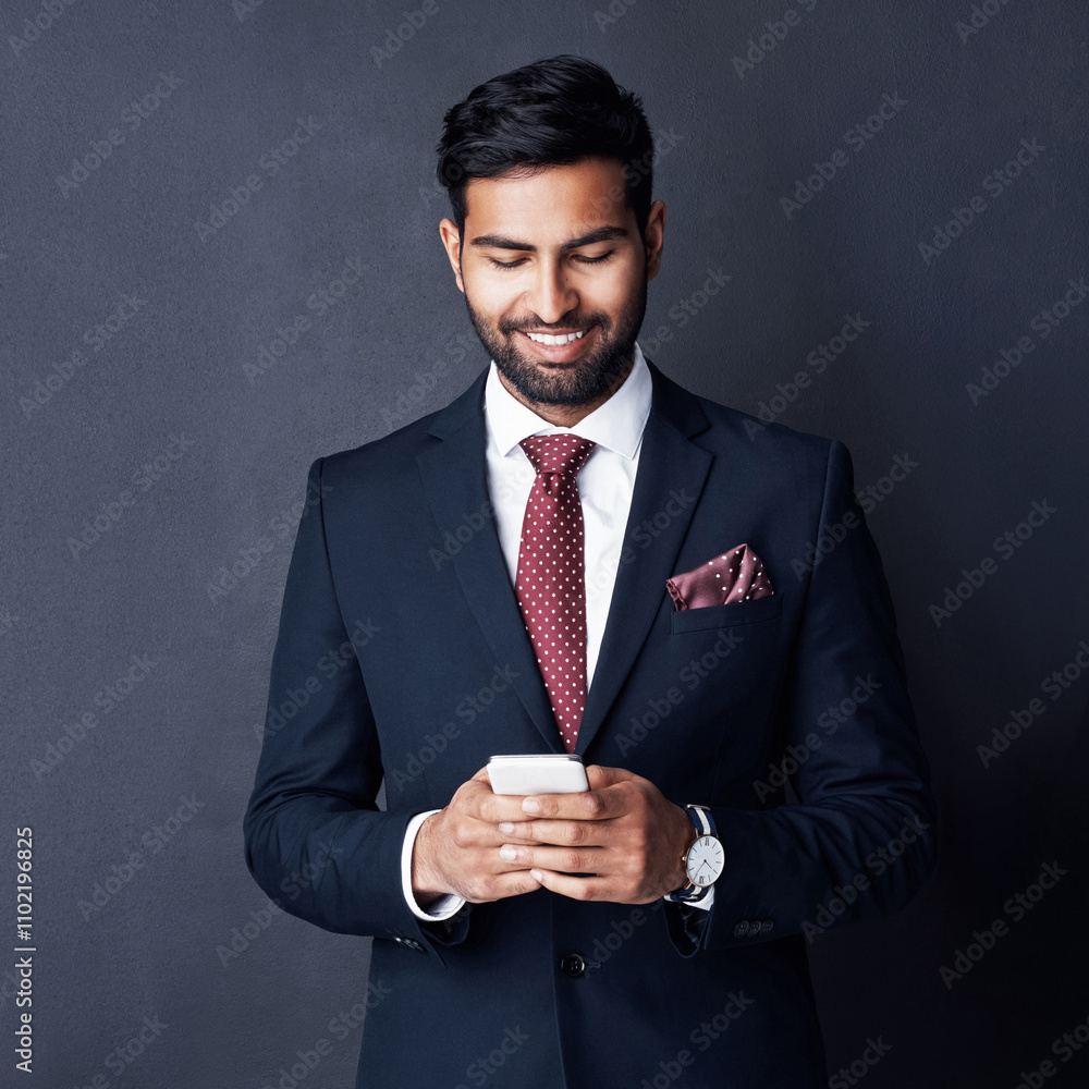 Professional, phone and business man in studio for communication, contact and networking. Corporate fashion, gray background and isolated person on smartphone for email, social media and website Professional, phone and business man in studio for communication, contact and networking. Corporate fashion, gray background and isolated person on smartphone for email, social media and website