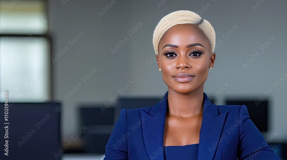 Confident African businesswoman in a blue suit smiles in a modern office environment showcasing her professional demeanor and success Confident African businesswoman in a blue suit smiles in a modern office environment showcasing her professional demeanor and success