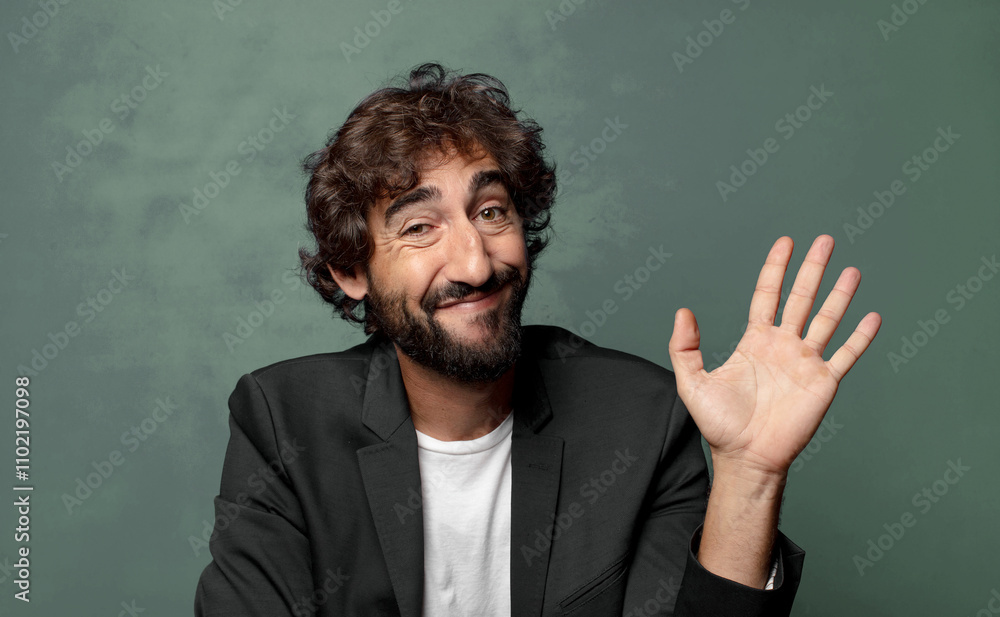 smiling happily and cheerfully, waving hand, welcoming and greeting you, or saying goodbye smiling happily and cheerfully, waving hand, welcoming and greeting you, or saying goodbye