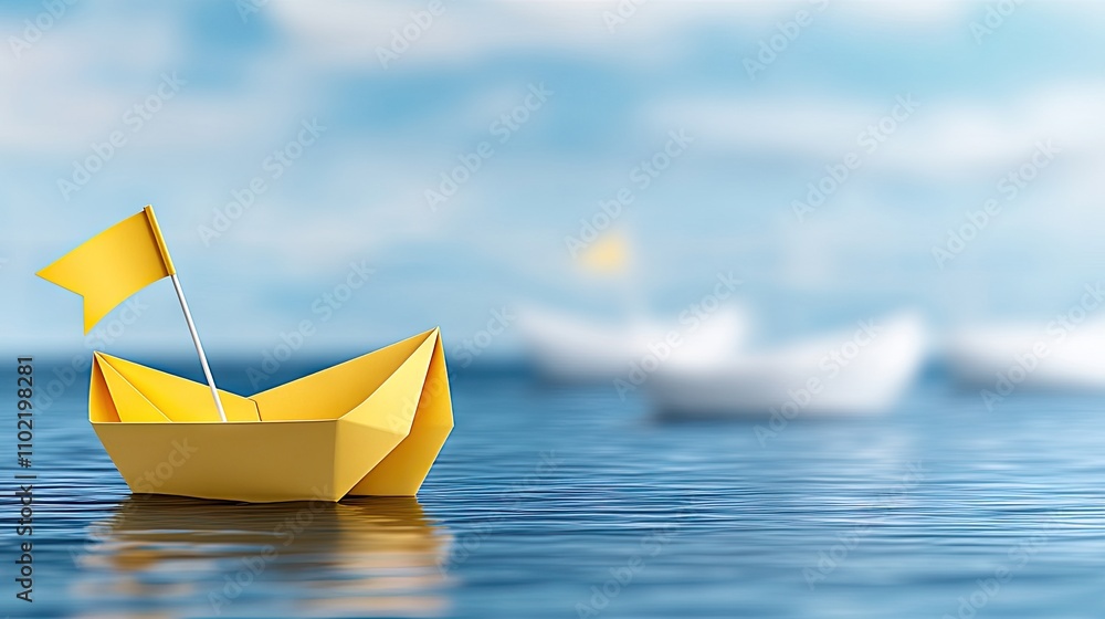 Innovative yellow paper boat navigates through a sea of white boats symbolizing leadership and creativity in a calm blue environment Innovative yellow paper boat navigates through a sea of white boats symbolizing leadership and creativity in a calm blue environment