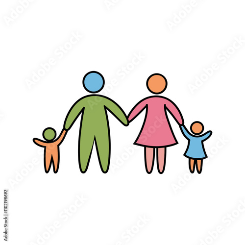 Happy family icon multicolored in simple figures. Two children with dad and mom.