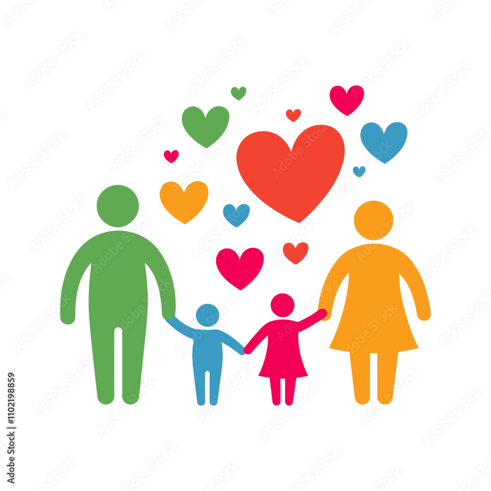 Happy family icon multicolored in simple figures. Two children with dad and mom. Happy family icon multicolored in simple figures. Two children with dad and mom.
