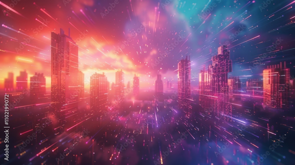 Futuristic city skyline at sunset with vibrant streaks of light. Futuristic city skyline at sunset with vibrant streaks of light.