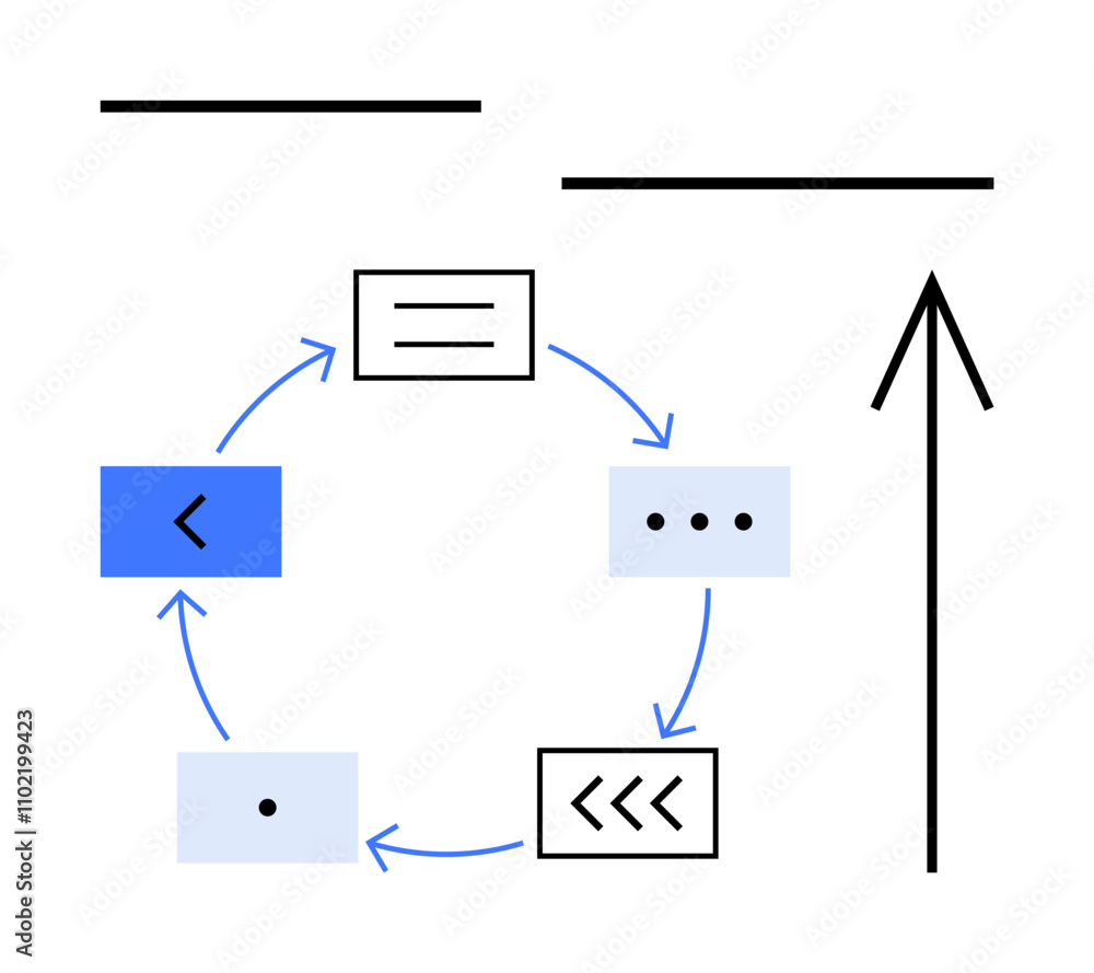 Circular sequence with arrows connecting boxes containing symbols. Linear arrow on side. Ideal for project planning, workflow optimization, data processing, process improvement, task management Circular sequence with arrows connecting boxes containing symbols. Linear arrow on side. Ideal for project planning, workflow optimization, data processing, process improvement, task management