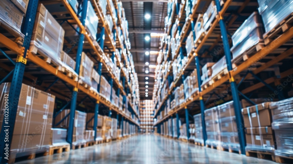 Fototapeta premium Industrial warehouse with shelves and stacked boxes