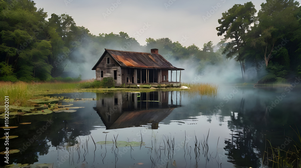 Obraz premium At the center of a tranquil pond, an old, weathered house stands isolated on a small island. ai