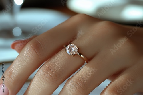 A close-up of a hand wearing an elegant engagement ring with a sparkling gemstone.