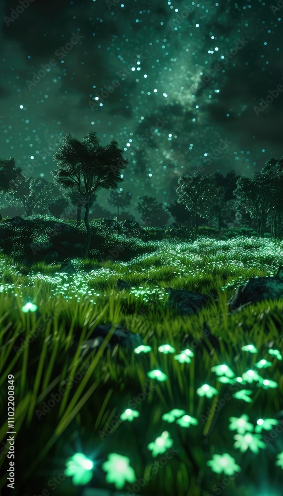 Glowing Flowers in a Night Forest Under a Starry Sky Glowing Flowers in a Night Forest Under a Starry Sky