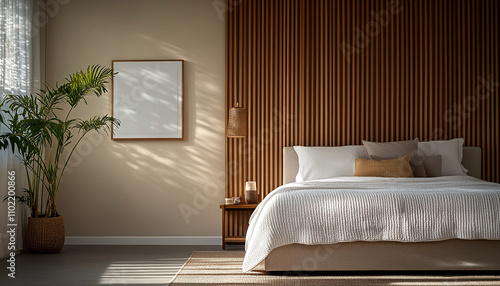 Minimalist bedroom with vertical slats on the wall, bed and wardrobe design, carpeted flooring, neutral tones, modern interior photography, beige walls, neutral wooden flooring and natural light. photo