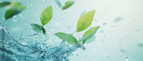 Water Splash with Green Leaves on Light Blue Background for Eco-Friendly Product Promotion. AI generated illustration