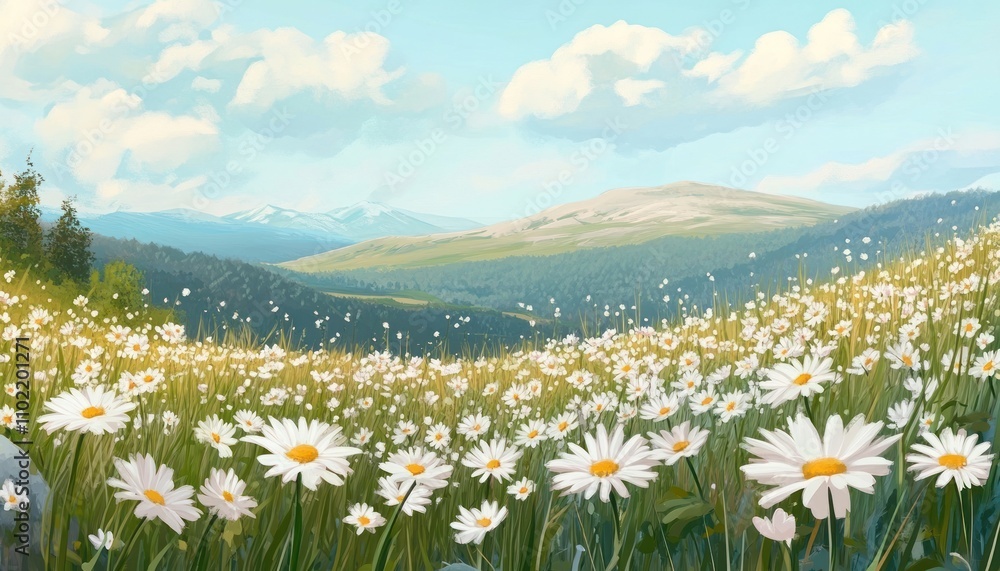 A Field of Daisies in Front of a Mountain Range A Field of Daisies in Front of a Mountain Range