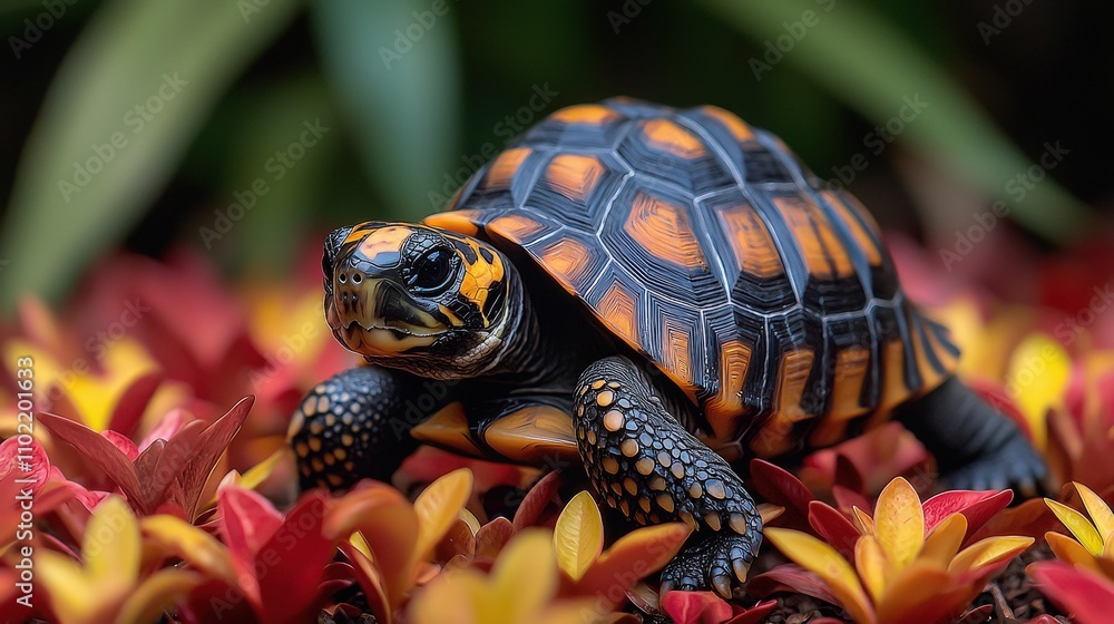 Obraz premium Colorful tortoise in vibrant flower bed showcasing nature's beauty