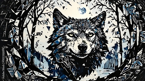 Majestic wolf portrait in a fragmented forest landscape under a full moon, rendered in a striking black and blue palette. photo