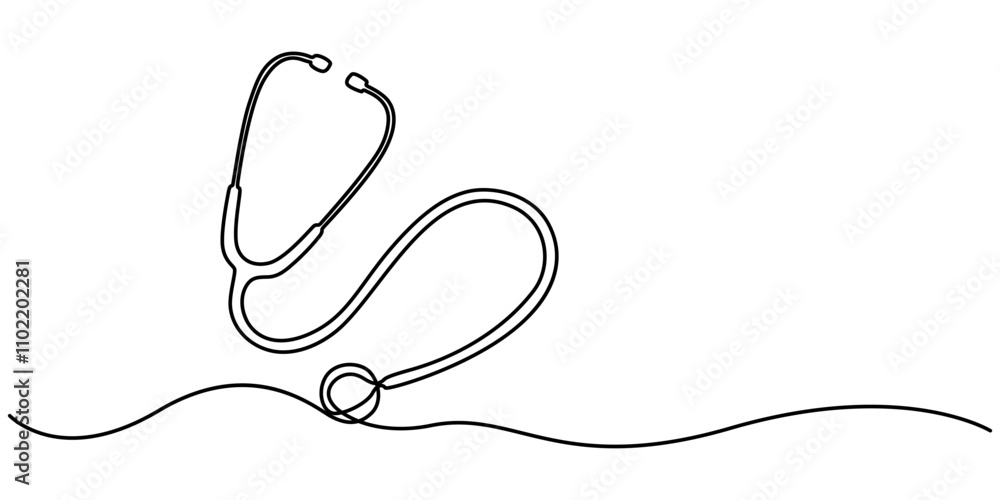 Obraz premium Medical tool - Stethoscope continuous single outline illustration. One line drawing of stethoscope. Vector illustration, continuous single drawn one line stethoscope freehand drawn picture silhouette.
