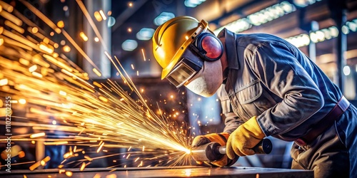 Industrial Sparks Close-up of a Welder Grinding Metal with Intense Sparks Flying photo