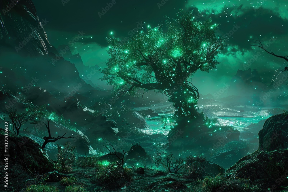 Obraz premium Glowing Tree in a Mystical, Foggy Forest Landscape