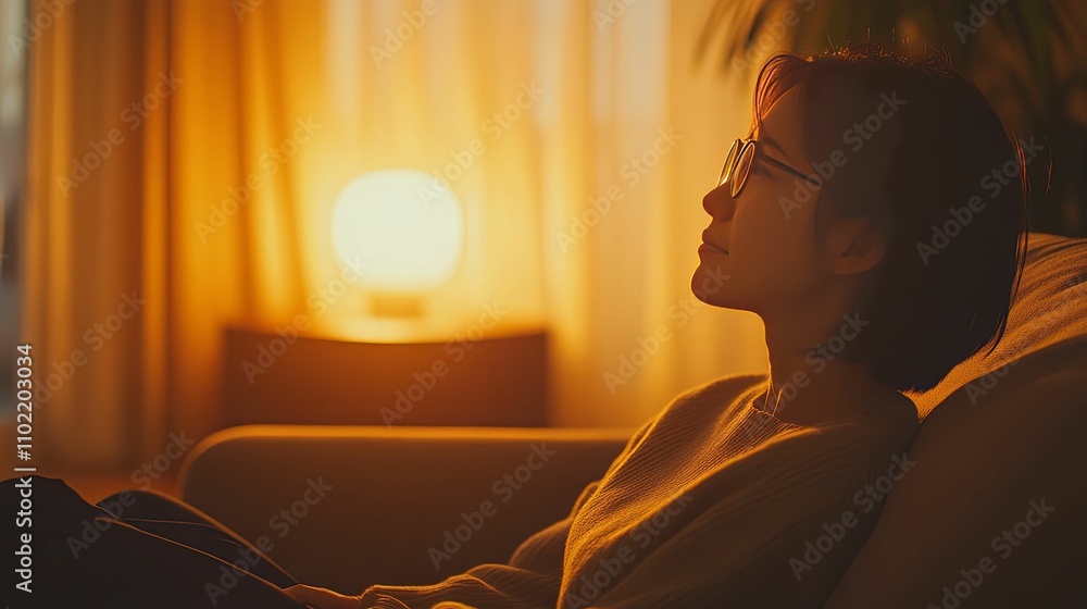 Woman Relaxing On Sofa In Evening Light Woman Relaxing On Sofa In Evening Light