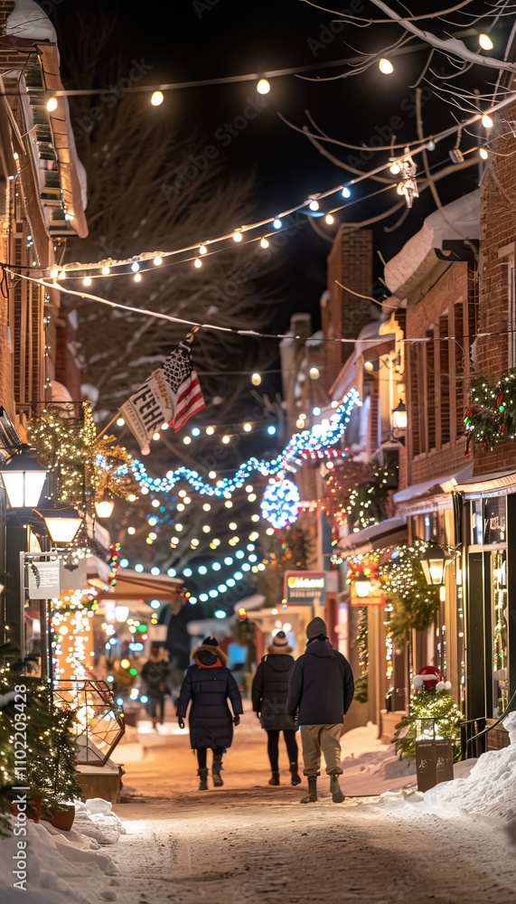 Naklejka premium Friends strolling together in cozy winter coats along a street adorned with holiday lights
