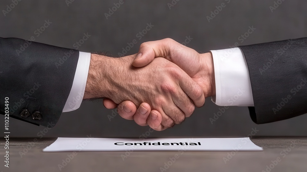 Two business professionals shaking hands over a confidential agreement. Two business professionals shaking hands over a confidential agreement.
