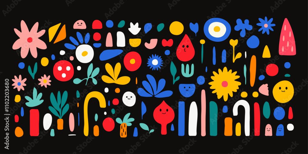 Fototapeta premium Set of flat vector colorful shapes, and flowers. Simple retro geometric forms. Design elements. Vector graphic. Isolated black background