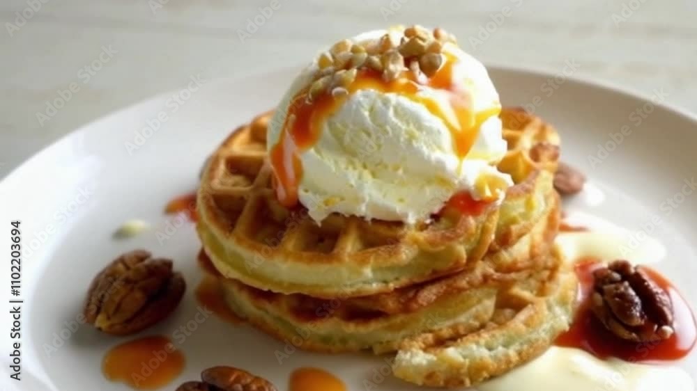 Warm and Inviting Food Video Featuring Gourmet Waffles with Creamy Toppings Warm and Inviting Food Video Featuring Gourmet Waffles with Creamy Toppings