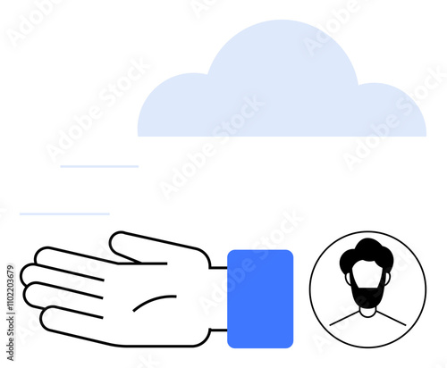 Hand gesture, cloud, avatar profile emphasizing digital connectivity, and virtual interactions. Ideal for communication, networking, technology, social media, cloud services profile management