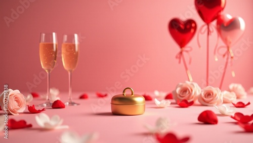 Charming Valentine's setup featuring heart-shaped balloons, a gold gift box, rose petals, and champagne glasses on a pink background. Perfect for romantic designs and celebrations.