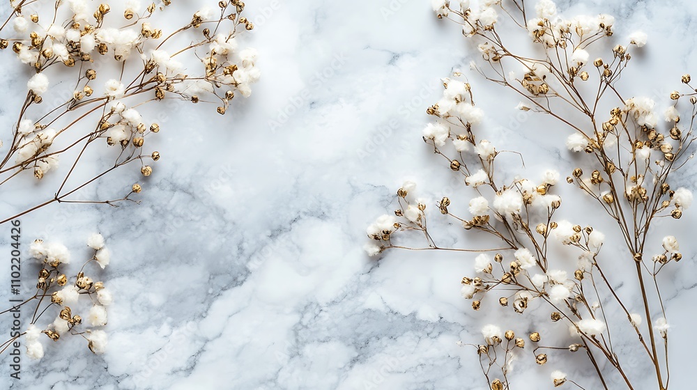 Delicate white flowers arranged on a marble flat lay background showcasing natural beauty and elegance in a serene setting Delicate white flowers arranged on a marble flat lay background showcasing natural beauty and elegance in a serene setting