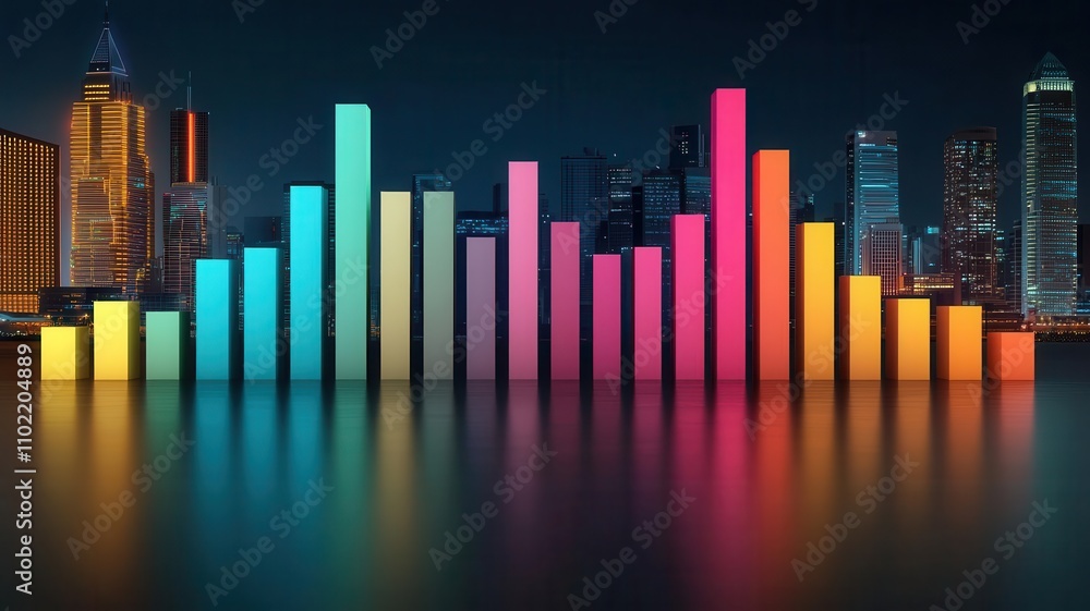 Colorful audio bars reflecting on water with a city skyline in the background. Colorful audio bars reflecting on water with a city skyline in the background.