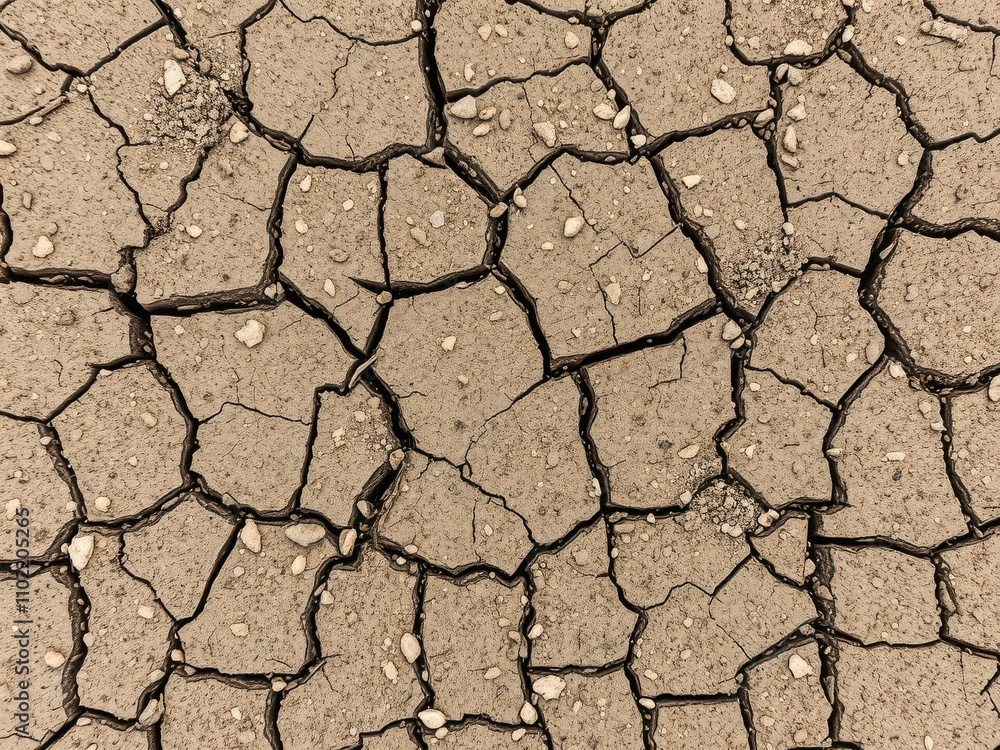 Cracked earth with dried mud and scattered pebbles, texture, desert Cracked earth with dried mud and scattered pebbles, texture, desert
