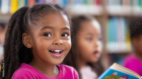 Young children at a library enjoying books. 