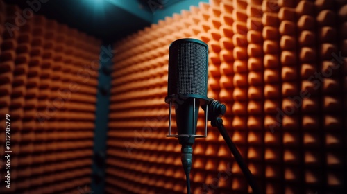 soundproof booth designed optimal acoustics singer engaged recording their latest project surrounded soft textured walls enhance sound quality. photo