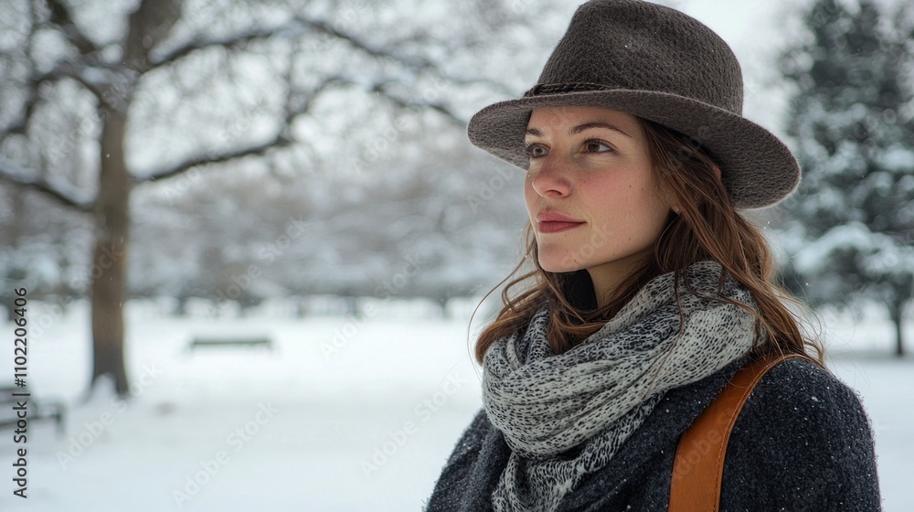 Winter Wanderer: A woman in a trendy winter outfit, including a stylish hat and scarf, strolling through a snowy park, exuding confidence and grace. Winter Wanderer: A woman in a trendy winter outfit, including a stylish hat and scarf, strolling through a snowy park, exuding confidence and grace.