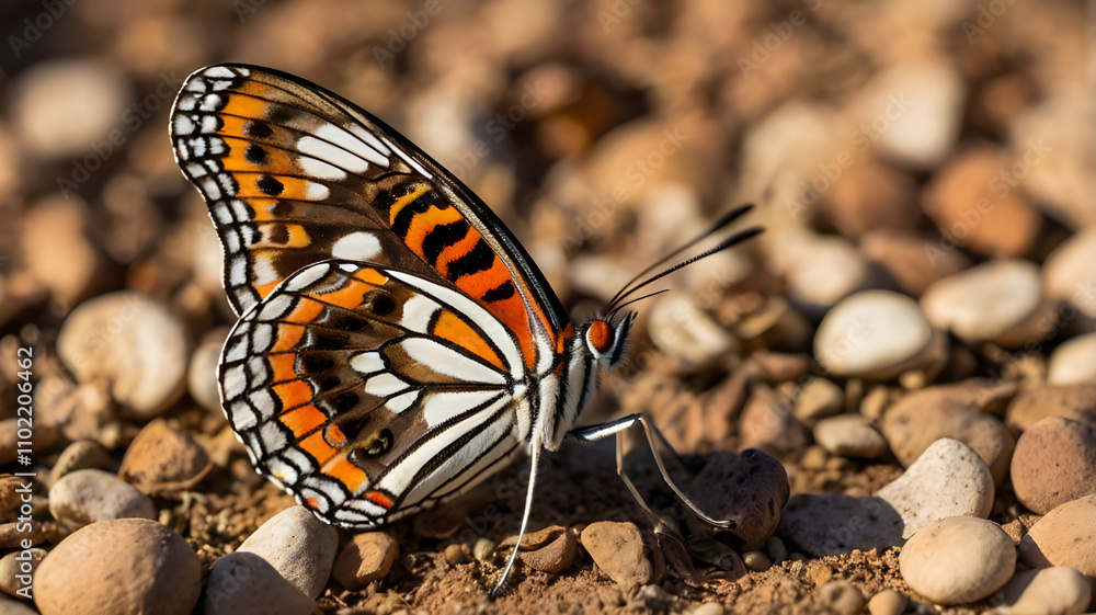 Fototapeta premium A River Jack butterfly (Ariadne ariadne) resting on the ground, its wings fully open Ai