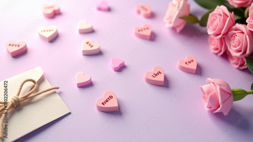 Valentine's Day setting featuring a white envelope sealed with a heart candy, surrounded by pink hearts and a delicate rose bouquet on a pastel background. Perfect for love-inspired designs. Valentine's Day setting featuring a white envelope sealed with a heart candy, surrounded by pink hearts and a delicate rose bouquet on a pastel background. Perfect for love-inspired designs.