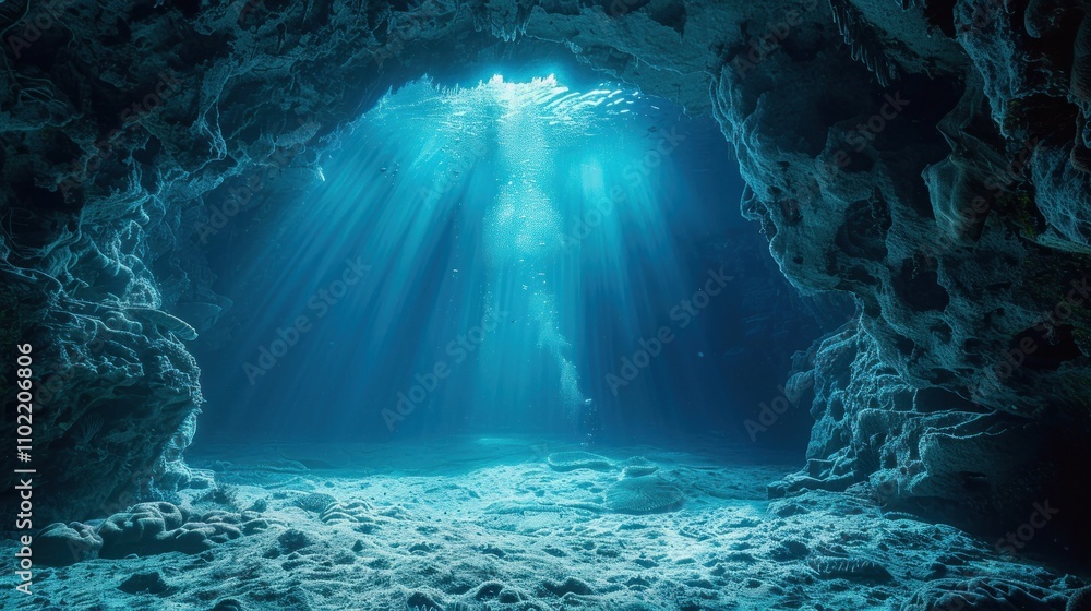 Obraz premium Sunbeams illuminate underwater cave.