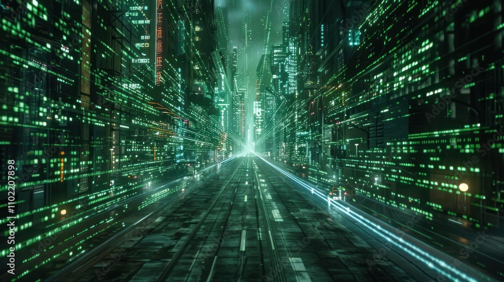 Futuristic city street at night. Futuristic city street at night.