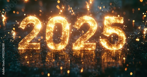 A sparkling '2025' showcases festive energy, perfect for New Year's promotions, resolutions campaigns, or digital invitations celebrating new beginnings and special events,