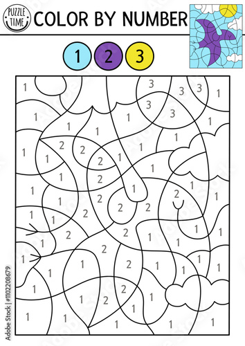 Vector dinosaur color by number activity with flying pterodactyl. Prehistoric landscape scene. Black and white counting game with ancient animal. Coloring page, mosaic painting for kids