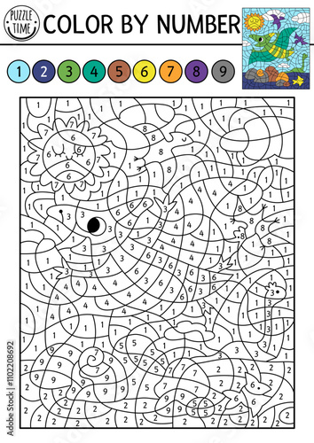 Vector dinosaur color by number activity with flying pterodactyl. Prehistoric landscape scene. Black and white counting game with ancient animal. Coloring page, mosaic painting for kids