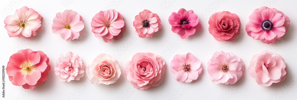Pink flowers arranged in two rows on a white background. Pink flowers arranged in two rows on a white background.