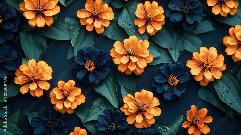 Vibrant orange and dark blue flowers amidst lush greenery Vibrant orange and dark blue flowers amidst lush greenery