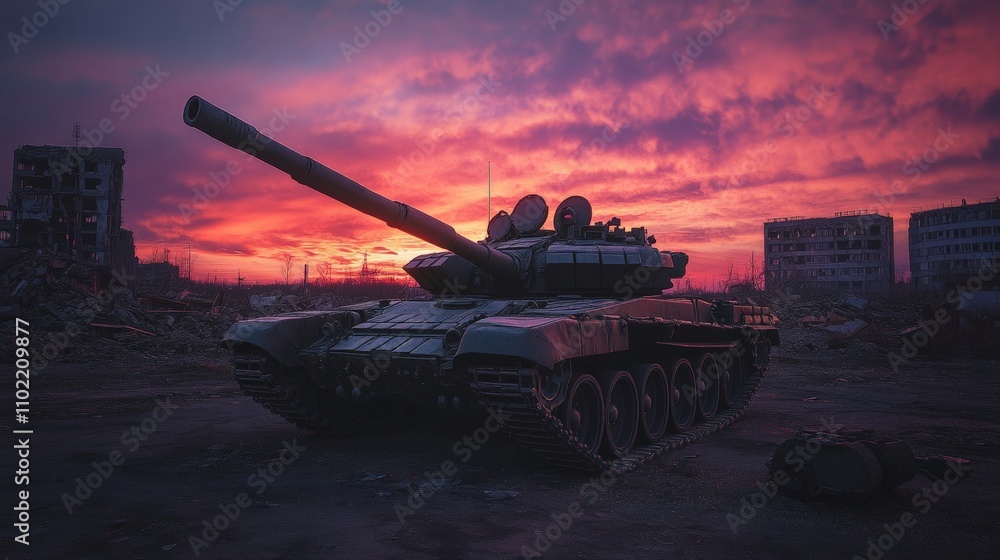 Naklejka premium A powerful tank stands tall against a stunning sunset sky. Abandoned buildings create a dramatic backdrop for this military vehicle.